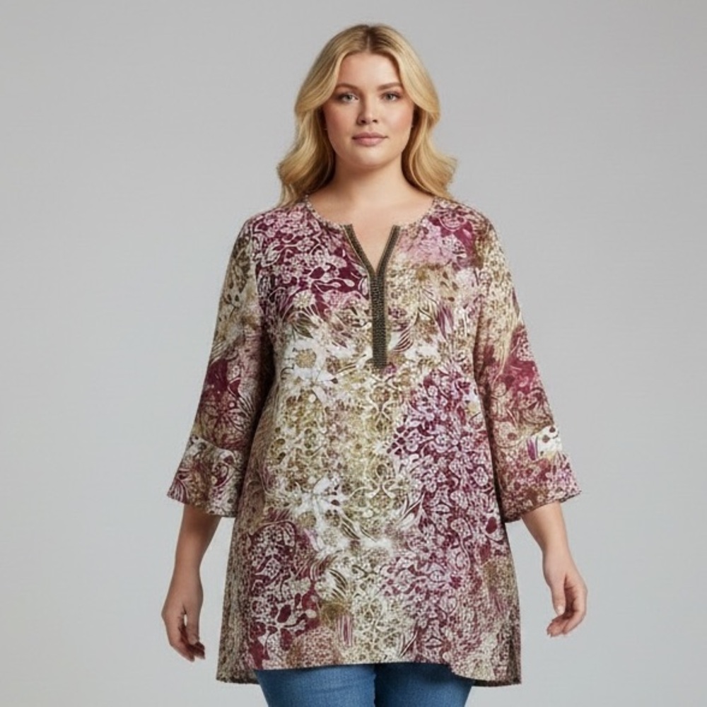 Catherines Plus Burgundy/Gold Floral 3/4 Sleeve Beaded V-Neck Tunic/Blouse 1X